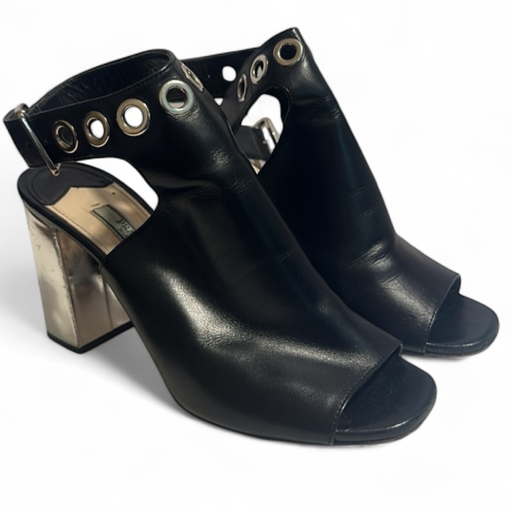 PRADA Grommet Black Block Leather Strap Silver Chunky Heel Sandal 37.5 NYE